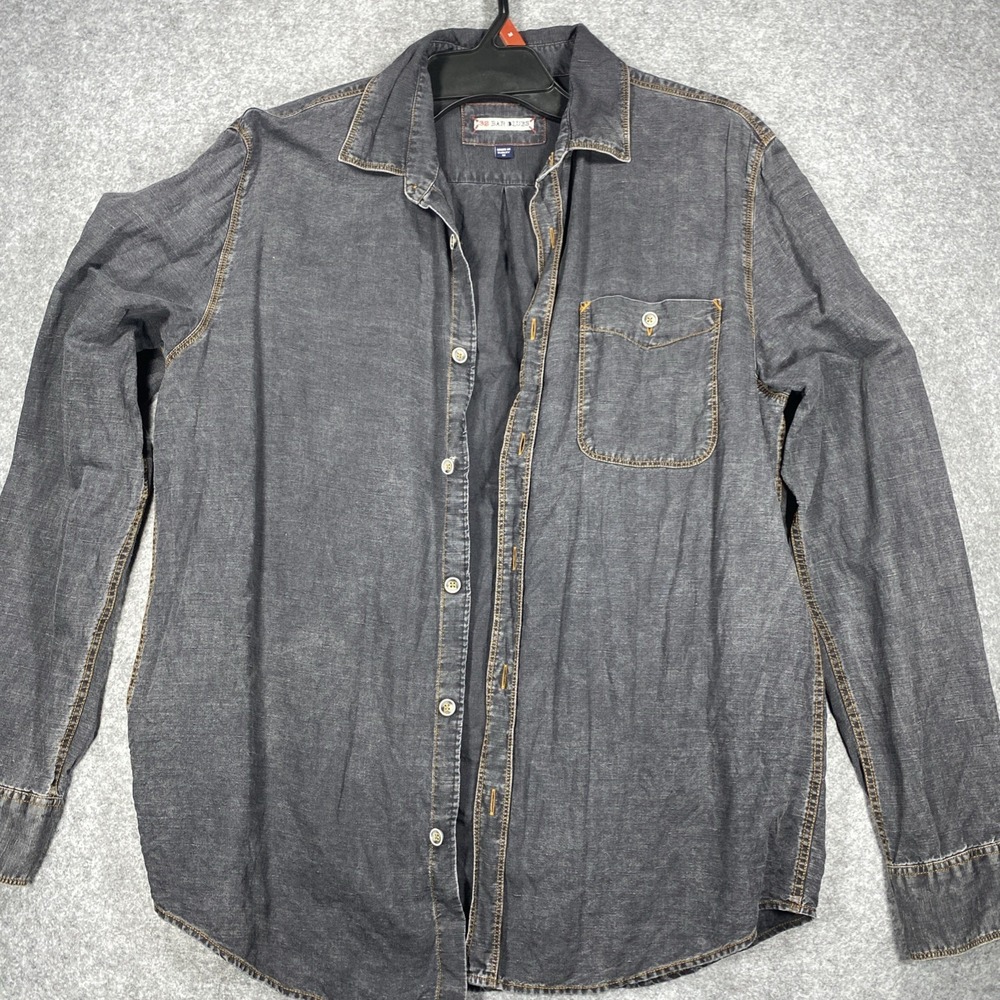 32 Bar Blues Mens Medium Long Sleeve Button Down Shirt Faded Black Linen Cotton